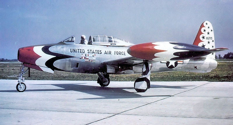 Republic F-84G-26-RE Thunderjet 51-16719 while assigned to the 3600th Air Demonstration Team (USAF Thunderbirds), 1954. (U.S. Air Force photo/Wikipedia Commons)