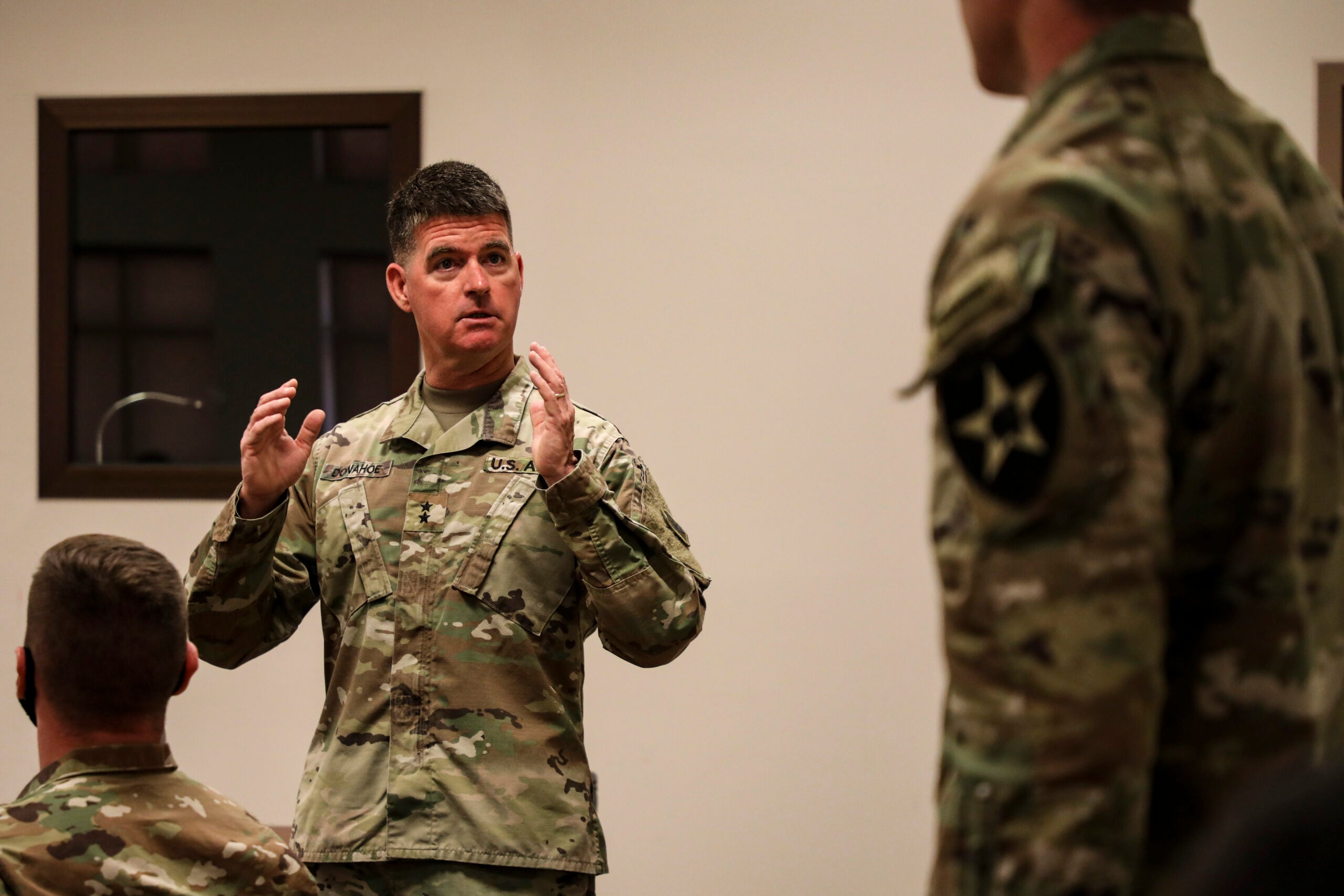 Maj. Gen. Patrick Donahoe, Eighth Army’s operations general officer, speaks to the 30 competitors of this year’s Eighth Army Best Warrior Competition at Camp Humphreys, May 30. The Eighth Army BWC is the first major training event after U.S. Forces Korea downgraded the health protection condition to HPCON B. COVID-19 mitigations are still in effect during the Eighth Army’s BWC, such as appropriate social distancing, the use of masks and gloves, and sanitation procedures. (U.S. Photo by Sgt. Steven Close)