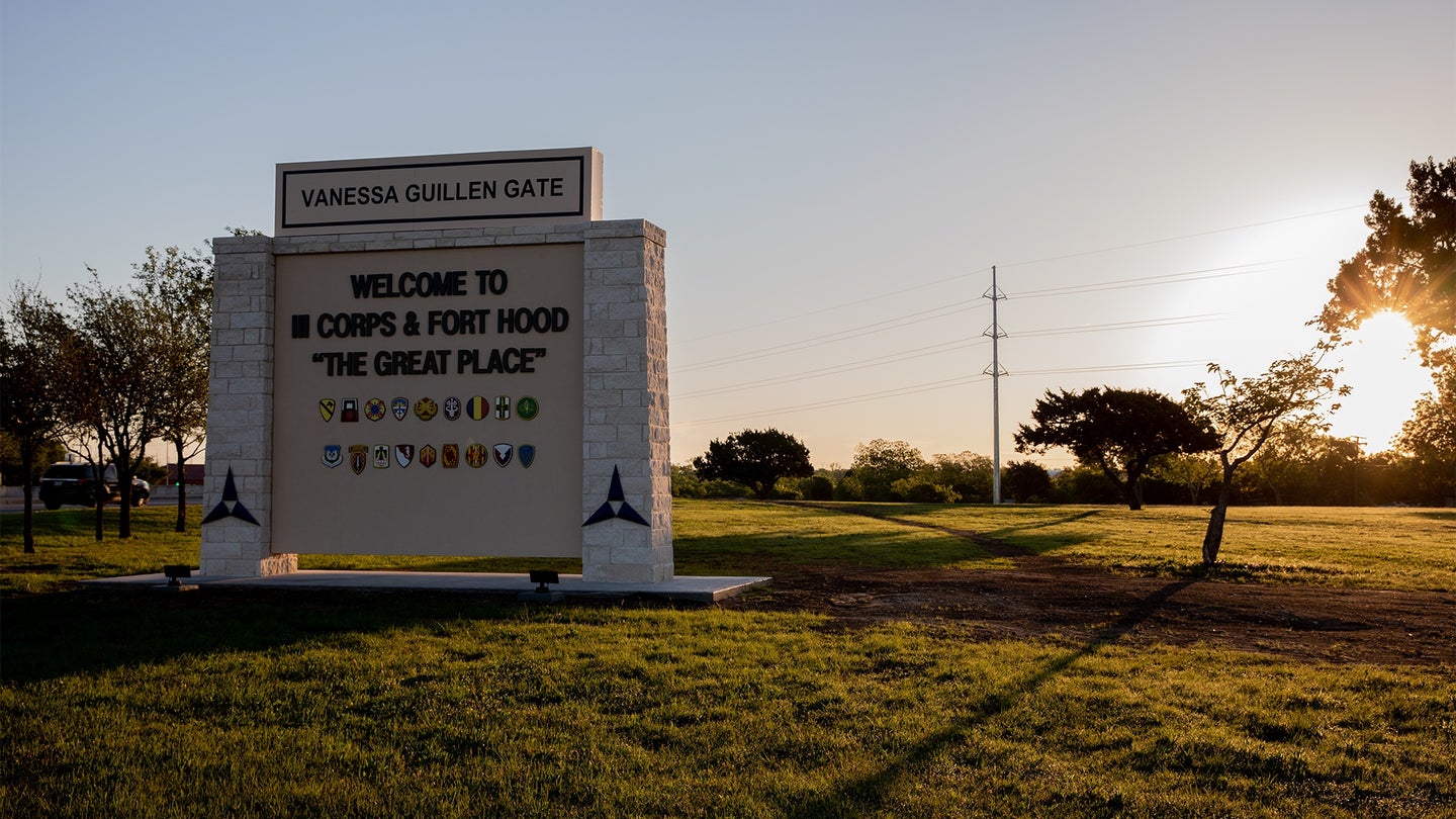The sun rises at the Vanessa Guillén gate before the arrival of a Congressional Delegation at Fort Hood, Texas, May 5, 2021.  