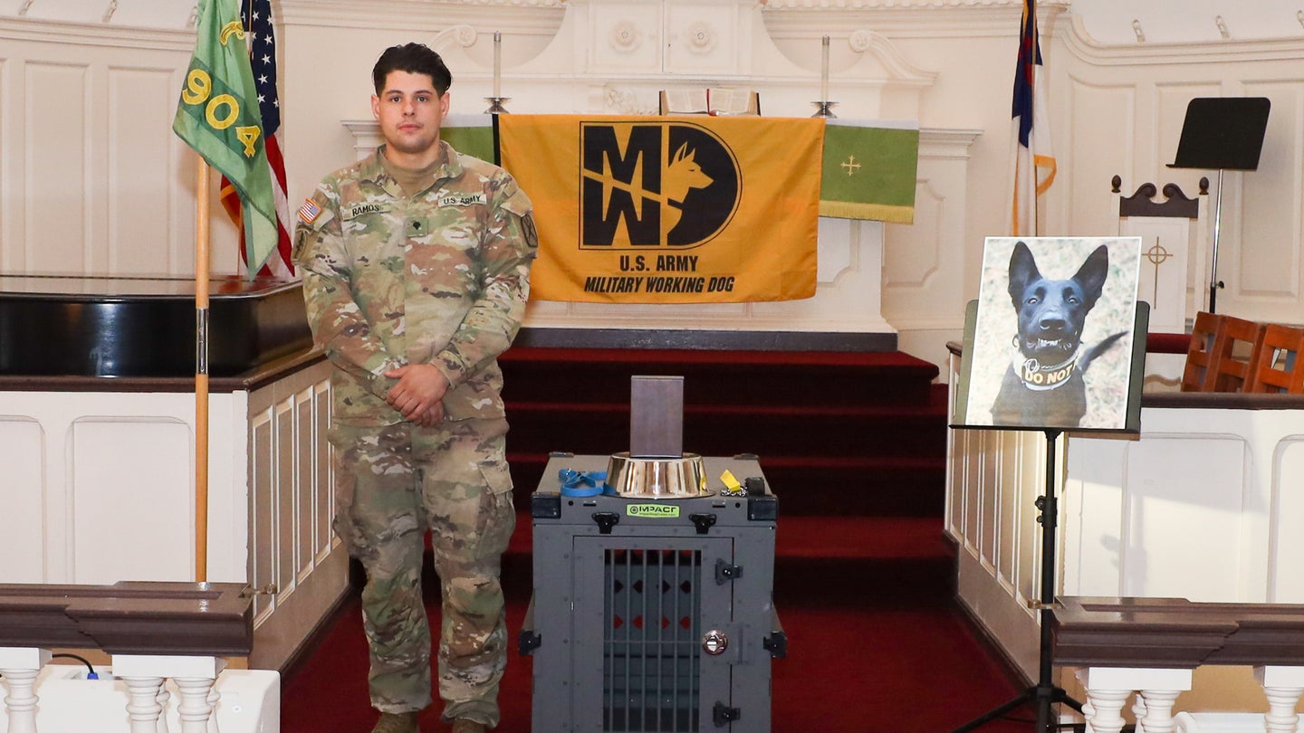 Spc. Austin Ramos at the memorial ceremony of MWD Ccruz, October 13, 2022 at the Infantry Chapel. (Markeith Horace/U.S. Army)
