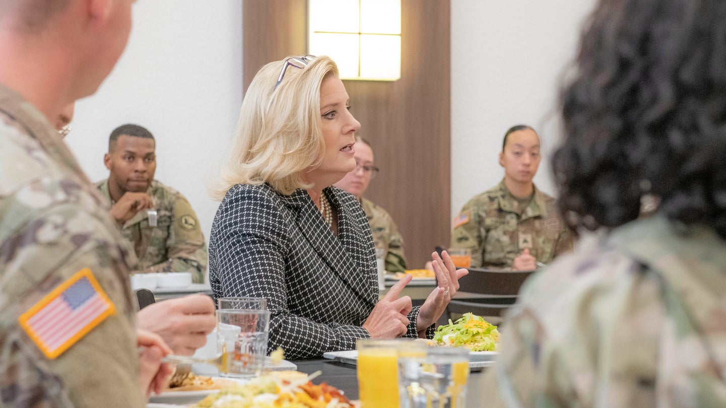 Secretary of the U.S. Army Honorable Christine Wormuth shares lunch with soldiers during her visit in Wiesbaden, Germany, Sept. 20, 2022. (Volker Ramspott/Released/U.S. Army)
