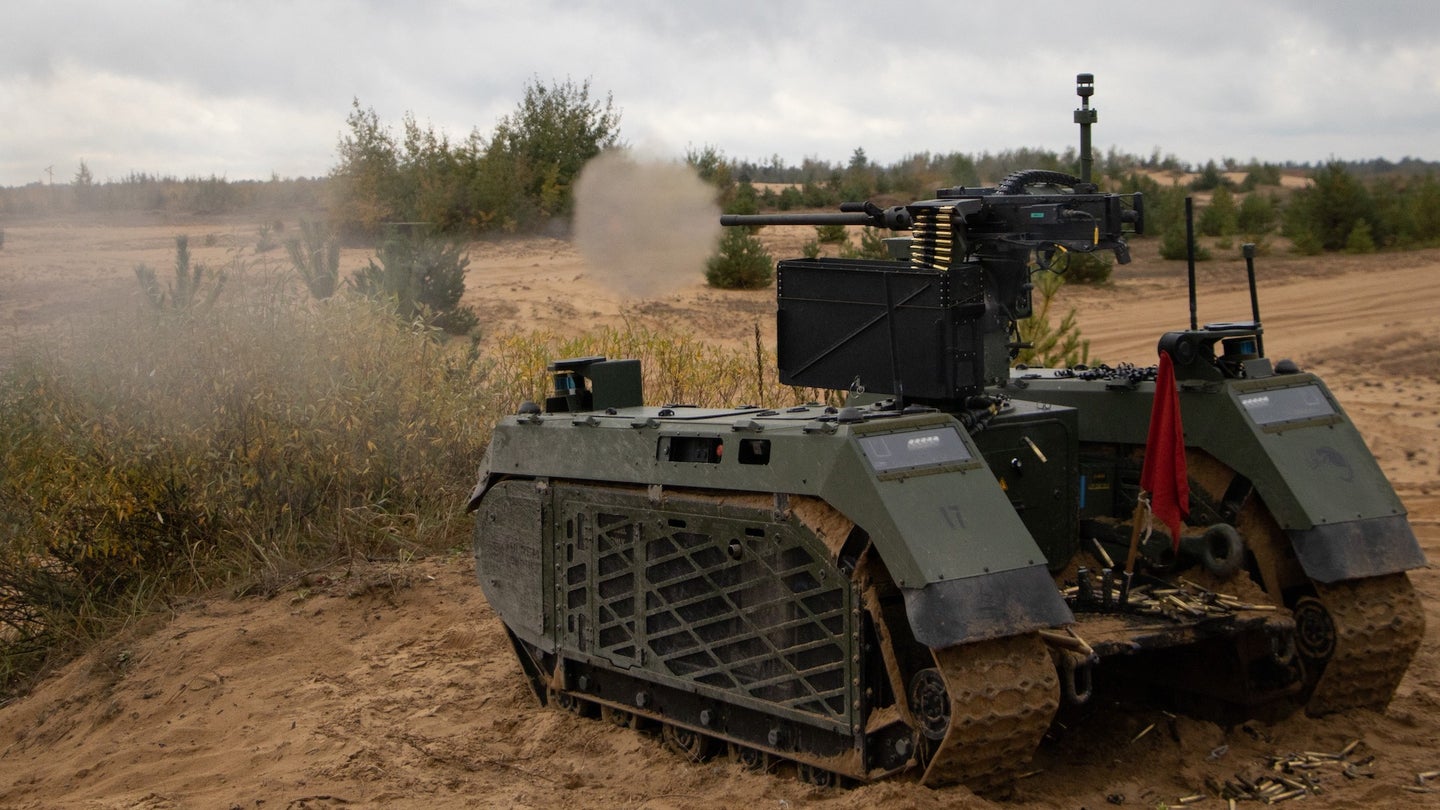 Armed Tracked Hybrid Modular Infantry Systems (or THeMIS) unmanned ground vehicles built by Estonia’s Milrem Robotics in training with the Royal Netherlands Army in an undated photo.