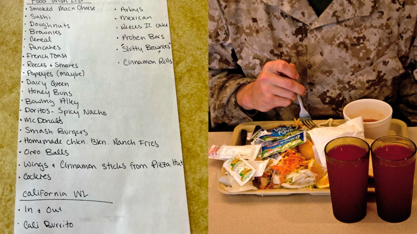 Left, the wishlist in question; right, a Marine eats a hot meal May 21, 2013, on Parris Island, S.C.