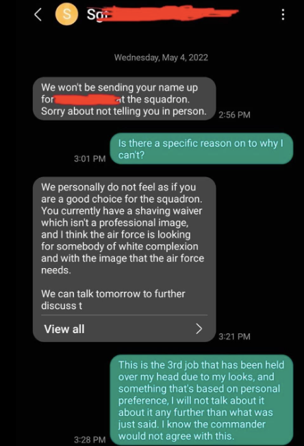 The alleged text exchange at the center of the Air Force investigation.