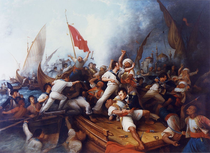Oil painting by Dennis Malone Carter of Decatur Boarding the Tripolitan Gunboat during the bombardment of Tripoli, 3 August 1804. Lieutenant Stephen Decatur (lower right center) in mortal combat with the Tripolitan Captain. (Wikipedia Commons/U.S. Navy)