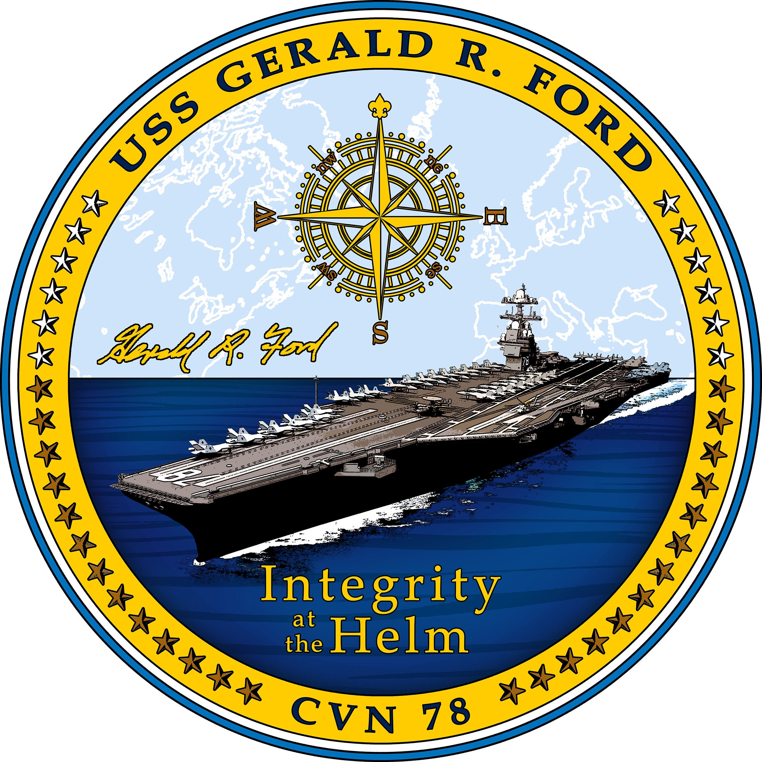 The official crest of the USS Gerald R. Ford.