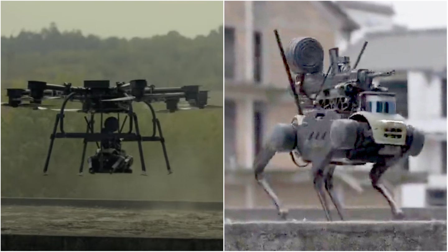 Robot dog armed with machine airdropped from drone in viral video