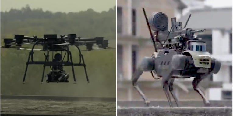 This video of a drone airdropping an armed robot dog is the stuff of dystopian nightmares