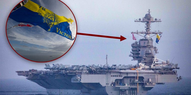 The Navy’s most advanced aircraft carrier is officially flying a brand new battle flag at sea