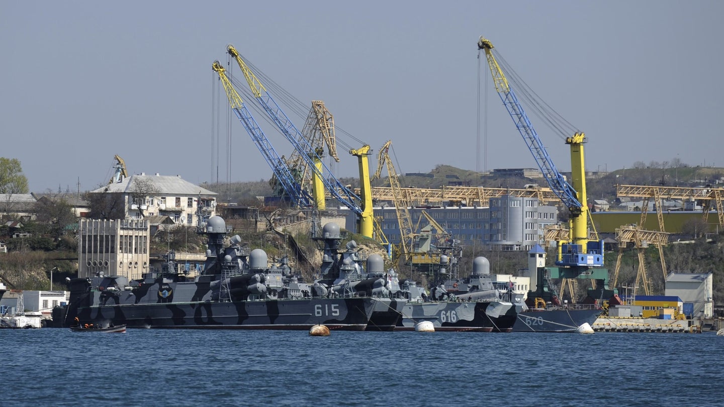 FILE - Russian Black Sea fleet ships are anchored in one of the bays of Sevastopol, Crimea, March 31, 2014.   (AP Photo, File)