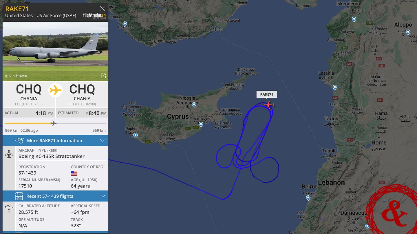 A screenshot showing the flight path taken by an Air Force KC-135R near Syria. (FlightRadar24)