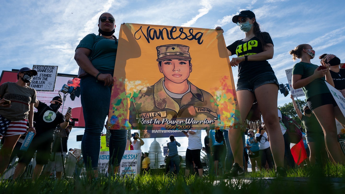 Supporters of the family of slain Army Spc. Vanessa Guillen gather before a news conference on the National Mall in front of Capitol Hill, on July 30, 2020, in Washington. (Carolyn Kaster/AP Photo)