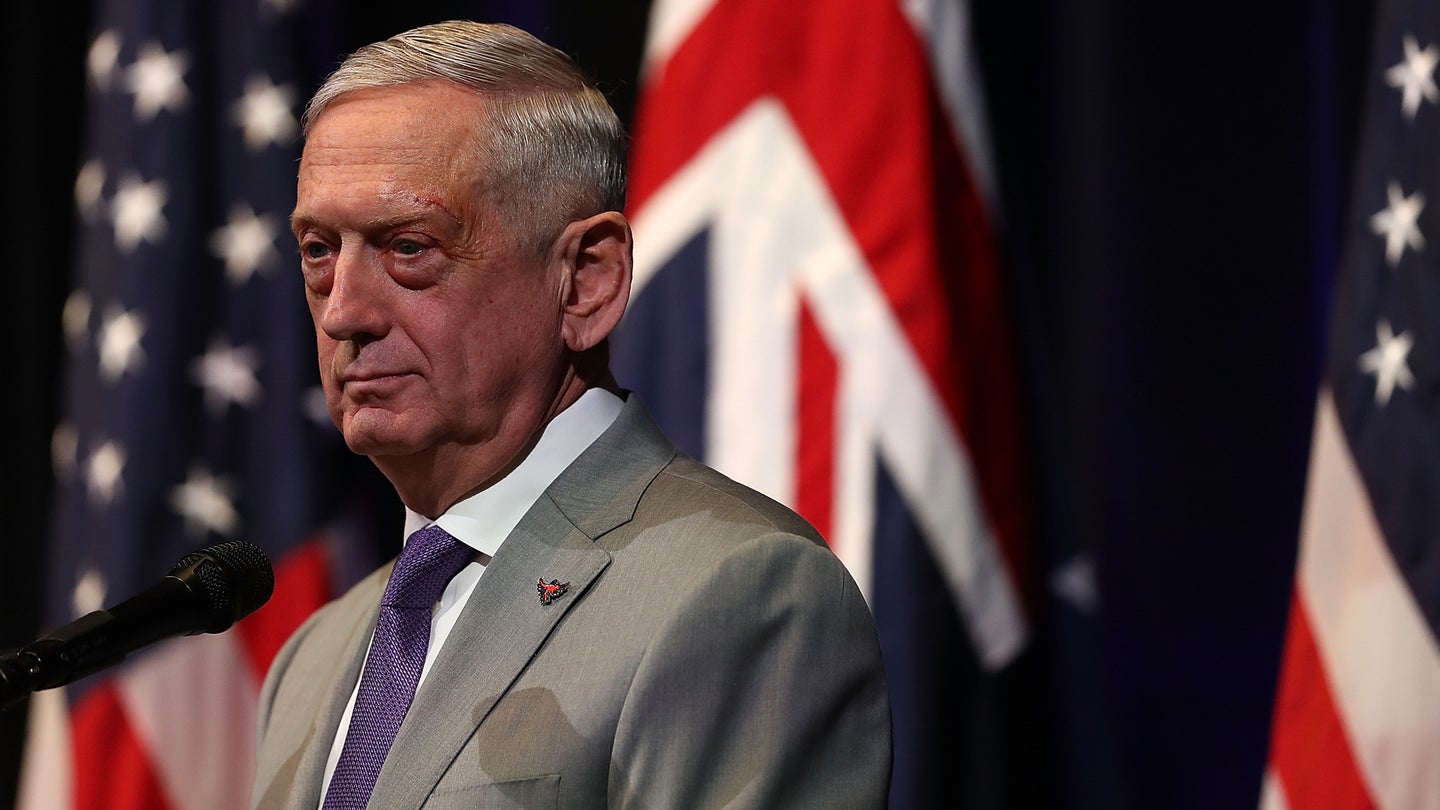 U.S. Secretary of Defense James Mattis looks on during a press conference at the Australia-U.S. Ministerial Consultations (AUSMIN) at the Hoover Institution on the campus of Stanford University on July 24, 2018 in Stanford, California. (Justin Sullivan/Getty Images)