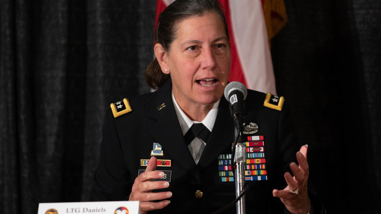 Army Reserve Lt. Gen. Jody Daniels, Chief of Army Reserve and Commanding General, U.S. Army Reserve Command, talks about the future of the Army Reserve during a discussion panel at the Association of the United States Army Convention in Washington, D.C., October 11. (Sgt. 1st Class Brent C. Powell/U.S. Army Reserve)