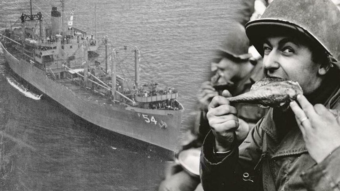 The SS Great Republic — later renamed the USS Pictor — alongside a photo of soldiers eating Thanksgiving turkey during World War II. (Task & Purpose photo composite/U.S. Navy/U.S. Army)