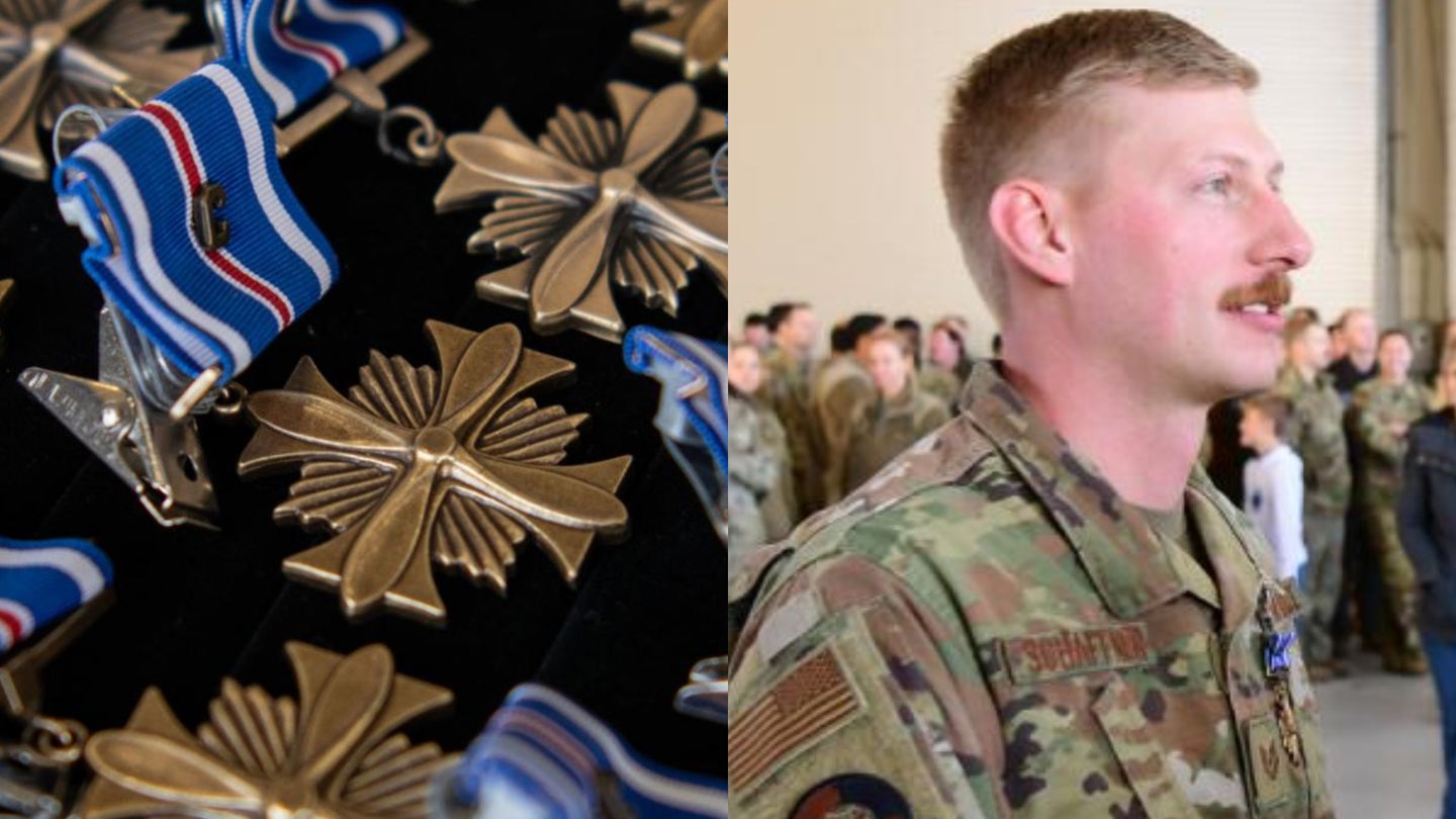 Task & Purpose photo illustration (Left, Distinguished Flying Cross medals lie in rows prior to being awarded to Airmen at Joint Base Charleston, South Carolina, Nov. 21, 2022. Right, Tech Sgt. Ethan Schaffner, 437th Aircraft Maintenance Squadron MASOP, shakes hands with Gen. Mike Minihan, commander of Air Mobility Command, at Joint Base Charleston, South Carolina, Nov. 21, 2022. (Photo, left, by Capt. Shane Ellis/U.S. Air Force, right, by Tech. Sgt. Alex Fox Echols III/U.S. Air Force)).