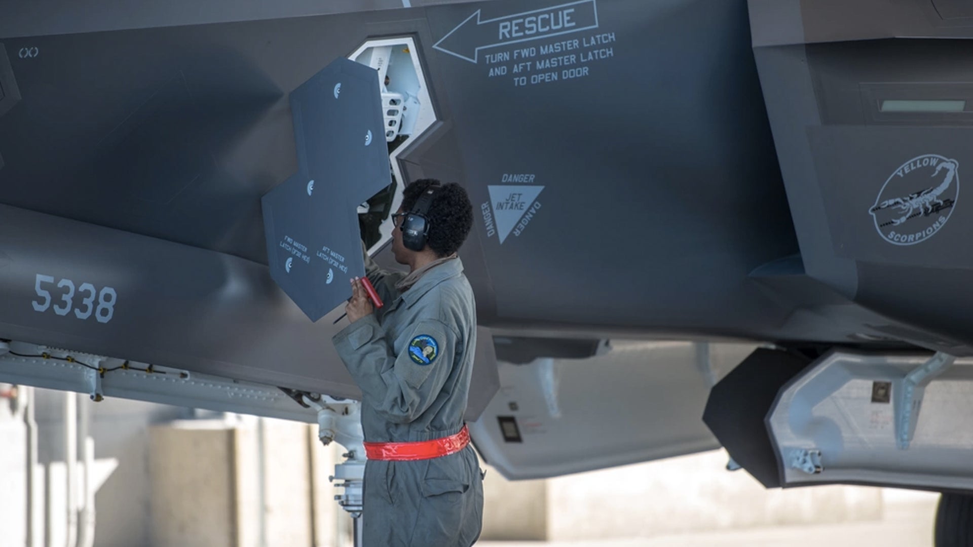 A crew chief assigned to the 158th Maintenance Group, Vermont Air National Guard, prepares an F-35 for launch, Vermont Air National Guard, South Burlington, Vt., May 12, 2020. (Miss Julie M. Shea/U.S. Air National Guard)