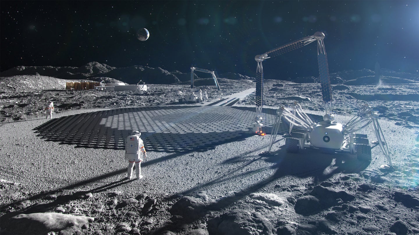 Concept art of 3D-printing infrastructure on the Moon. (ICON courtesy image)