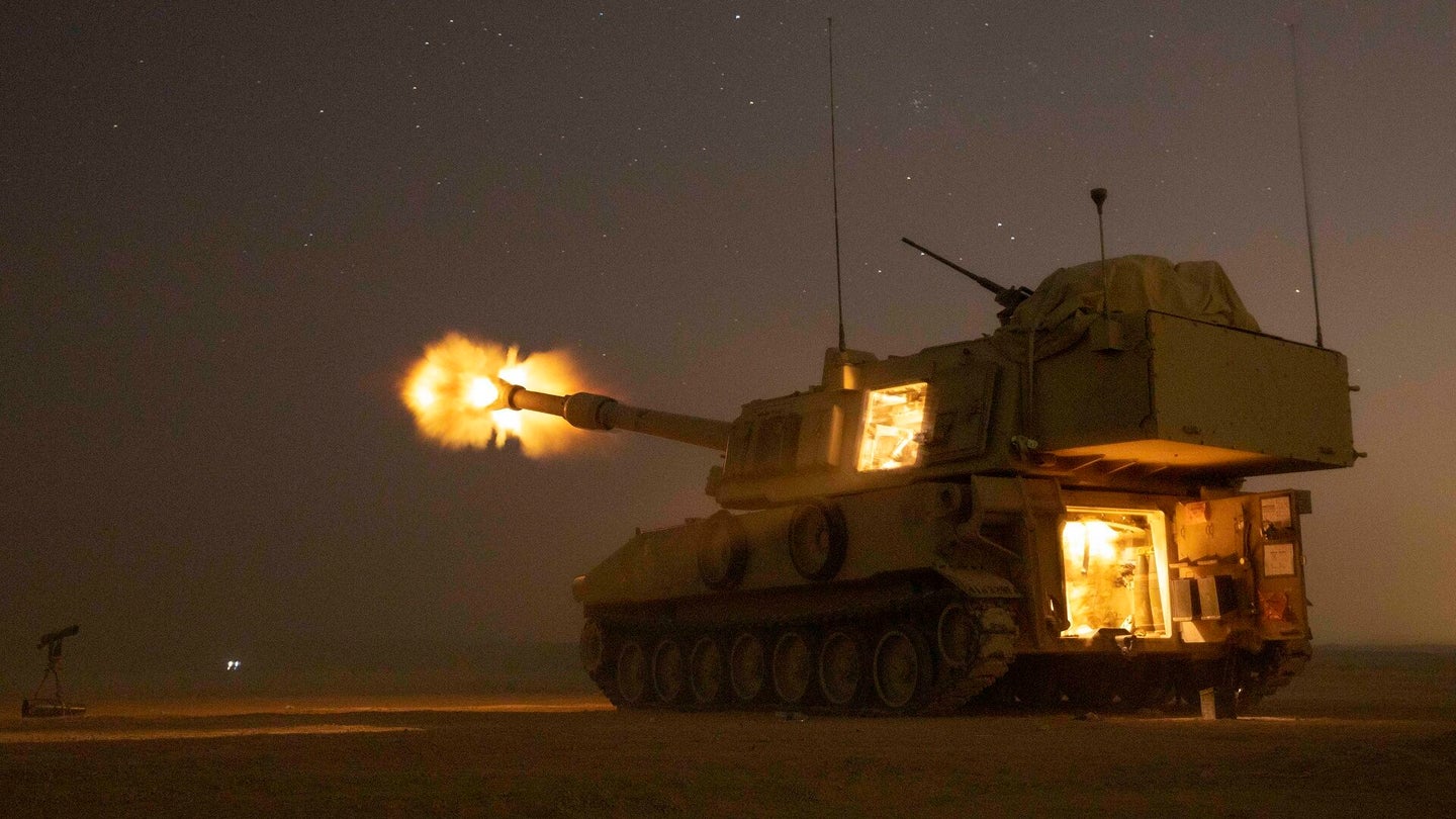 U.S. Army Soldiers assigned to Alpha Battery, 3rd Battalion, 29th Field Artillery Regiment, 4th Infantry Division, fire a M109A6 Paladin in support of the joint training exercise Eager Lion ’19 at Training Area 1, Jordan, Aug. 27, 2019. (Spc. Angel Ruszkiewicz/U.S. Army)