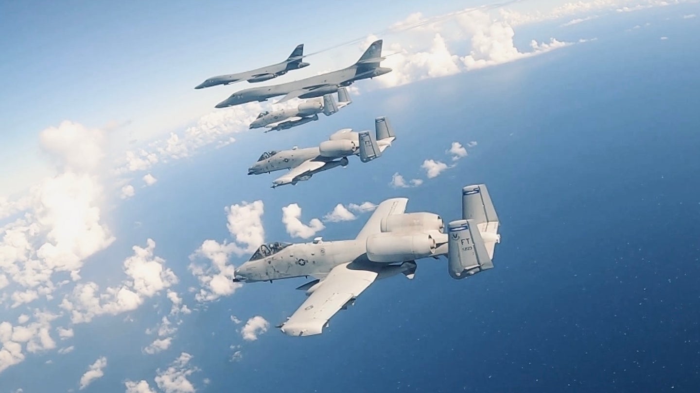 A group of B-1B Lancer and A-10C Thunderbolt II aircraft fly above the Philippine Sea, Nov. 9, 2022. (U.S. Air Force photo by Capt. Coleen Berryhill)