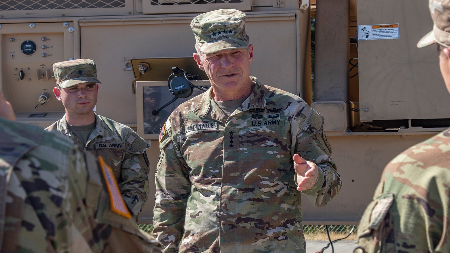 Gen. James C. McConville, Chief of Staff of the United States Army, speaks with Soldiers during his visit with America's First Corps, on Joint Base Lewis-McChord, Wash., July 26, 2022. (U.S. Army photo by Spc. Richard Carlisi)