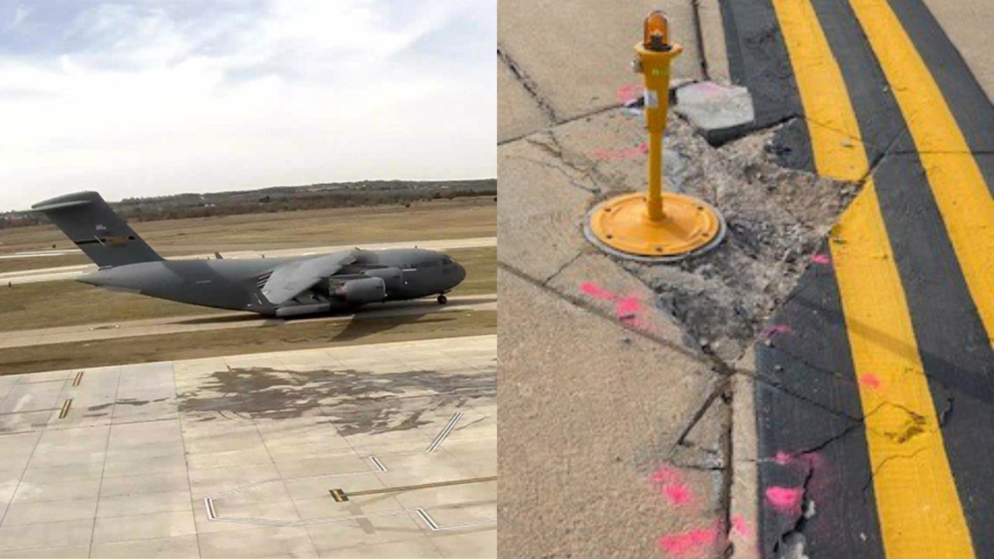 The Air Force pushed back on a claim from Stillwater Regional Airport that one of its C-17s damaged a runway because it was overweight. (Photos via Stillwater Regional Airport)