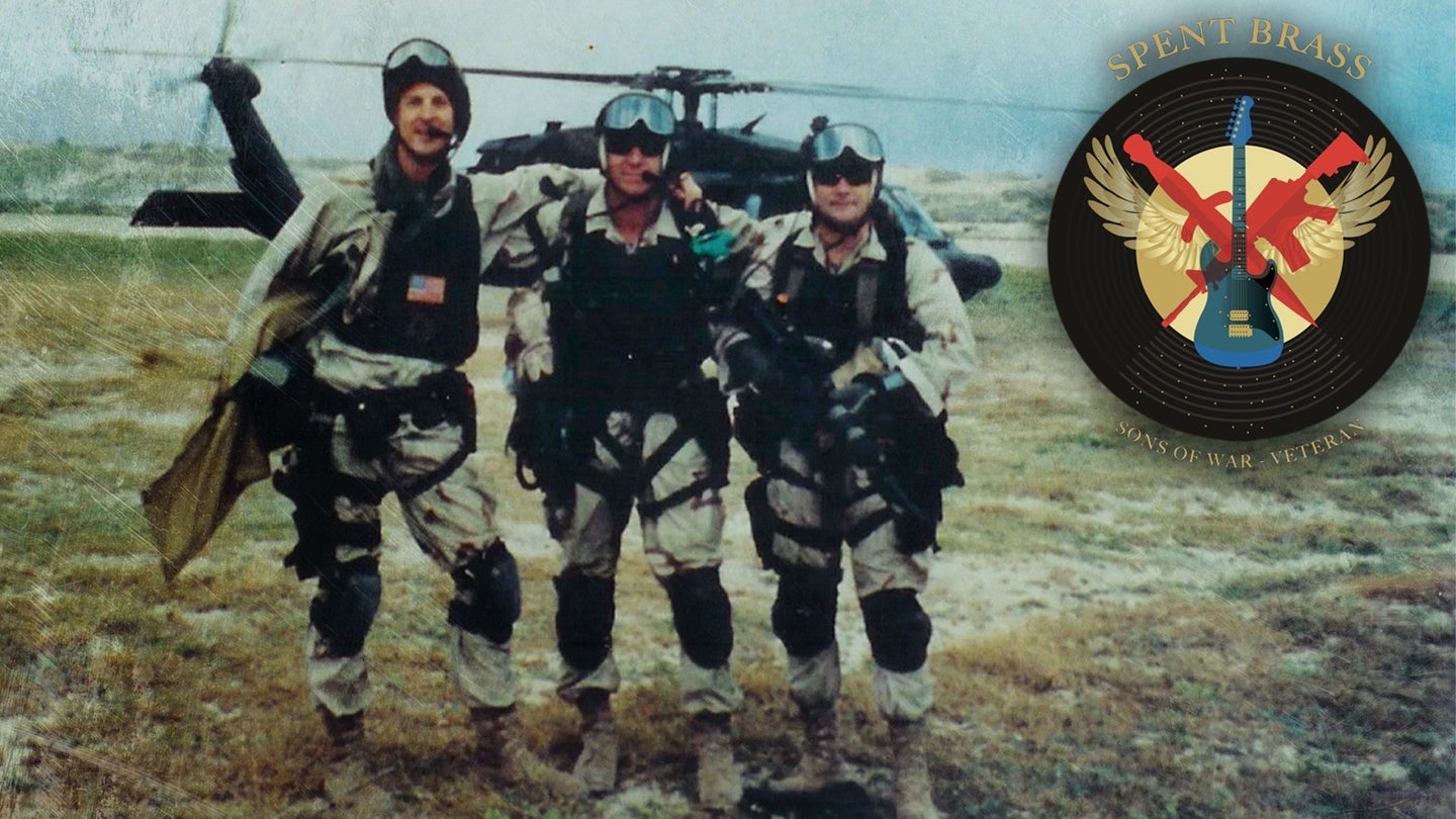 Dan Schilling (left) with other Combat Controllers during Black Hawk Down; cover art for Spent Brass. (images courtesy Dan Schilling; composite by Task & Purpose)