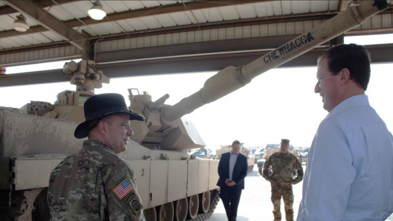 Congressional Rep. August Pfluger (TX-11) learns about M1 Abrams tanks, specifically "Chewbacca," while visiting Fort Hood on Dec. 9, 2022. (U.S. Army photo by Samantha Harms, Fort Hood Public Affairs) 
