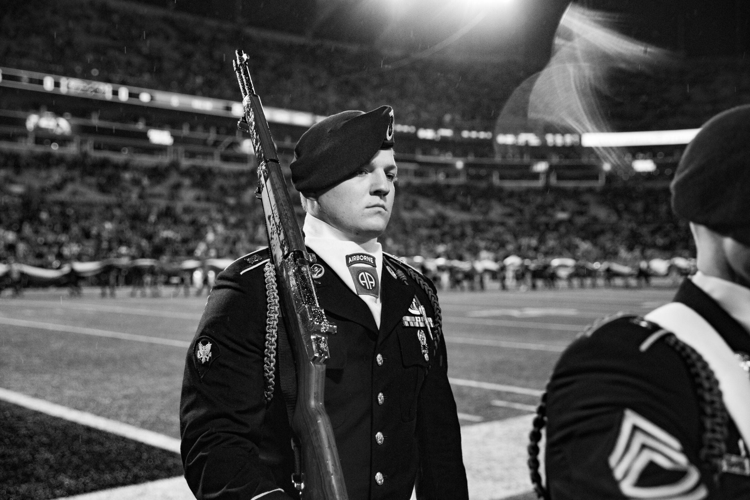 The 82nd Airborne Division's Color Guard and All American Chorus performs before the Carolina Panthers vs. Atlanta Falcons game at Bank of America Stadium in Charlotte, N.C., Nov 10, 2022. The 82nd Airborne Division Chaplain Lt. Col. Erik T. Spicer also provided the opening ceremony invocation. #AATW (U.S. Army photo by Sgt. Emely Opio-Wright)