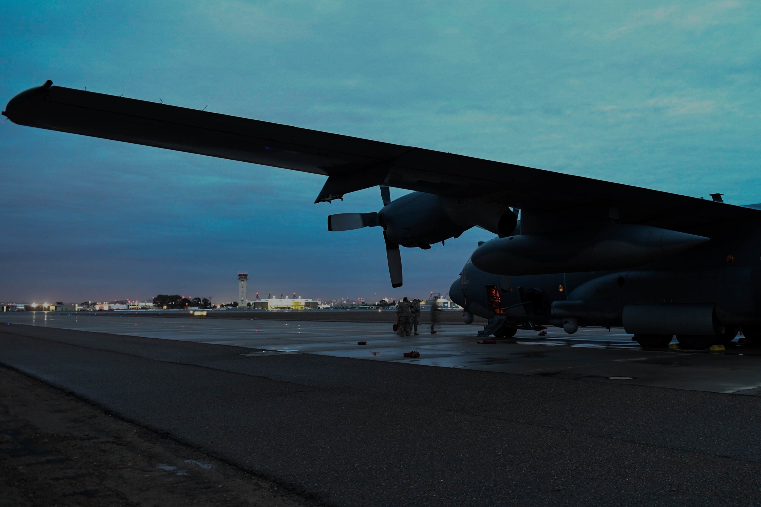An Aircrew from the 16th Special Operations Squadron at Cannon Air Force Base, N.M., lands an AC-130W Stinger II to participate in Emerald Warrior/Trident at the Naval Air Station North Island, Calif., January 15, 2019. Emerald Warrior/Trident is the largest joint special operations exercise where U.S. Special Operations Command forces train to respond to various threats across the spectrum of conflict. (U.S. Air Force photo by Staff Sgt. Erin Piazza)