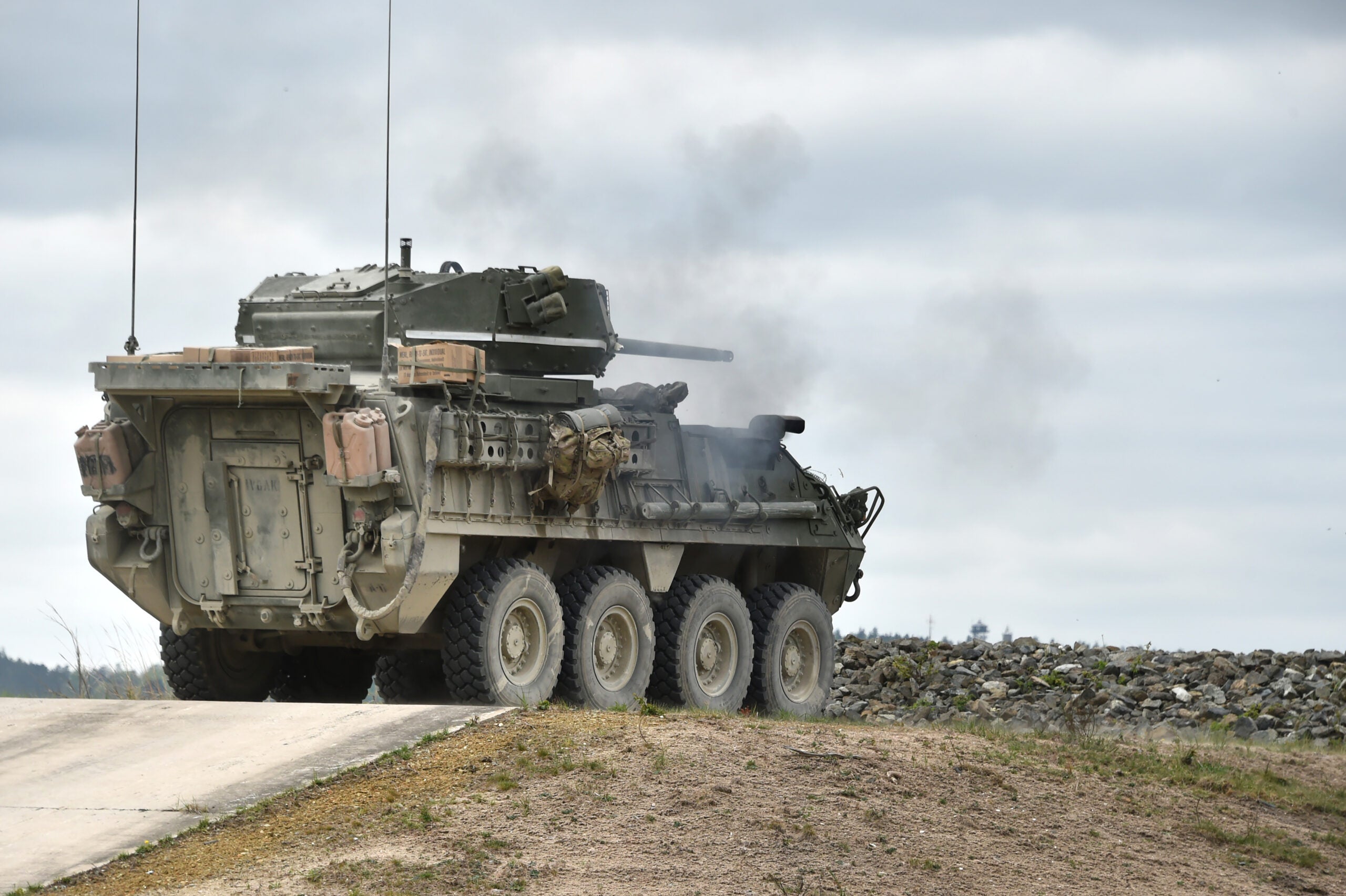 A U. S. Army Stryker Infantry Carrier Vehicle-Dragoon crew with Apache Troop, 1st Squadron, 2d Cavalry Regiment fire the Medium Caliber Turret-30mm weapons system during the squadrons Stryker crew gunnery at the 7th Army Training Command’s Grafenwoehr Training Area, Germany, April 26, 2019. The purpose of the Stryker gunnery is to qualify the gunners as part of a Stryker Infantry Carrier Vehicle crew on their assigned weapon system and build confidence. This qualification is required for 1/2CR’s participation in exercise Saber Guardian 19 in Hungary and Romania scheduled for later this year. (U.S. Army photo by Gertrud Zach)