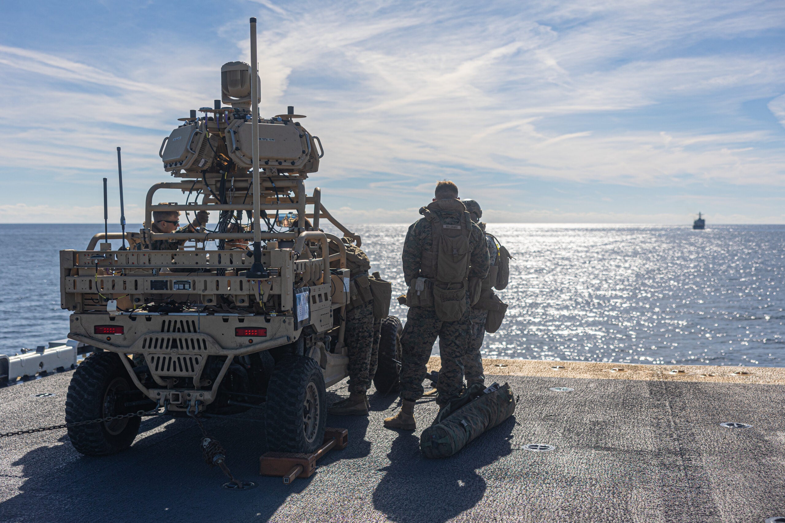 U.S. Marines with the 26th Marine Expeditionary Unit (MEU), track a simulated adversary vessel using the Light Marine Air Defense Integrated System (L-MADIS), and a Counter Unmanned Aerial Surveillance Utility Task Vehicle, during a defense of the amphibious task force (DATF) drill aboard the Wasp-Class Amphibious Assault Ship USS Bataan (LHD 5) Jan. 28, 2023. During PMINT, the 26th MEU embarked the L-MADIS, which is the only counter unmanned aircraft system on the east coast organic to the Marine Corps, which can be employed expeditiously on ship and on land in order to protect high value assets and personnel. The DATF drill positioned Marines and Sailors to augment and reinforce the ship's security posture while crossing a simulated strait. (U.S. Marine Corps photo by Cpl. Matthew Romonoyske-Bean)