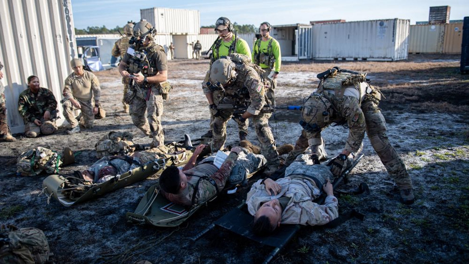U.S. Air Force Pararescuemen from the 38th Rescue Squadron treat patients during a Mass Casualty Full Mission Profile exercise at Moody Air Force Base, Georgia, Jan. 19, 2023. (Airman 1st Class Courtney Sebastianelli/U.S. Air Force).