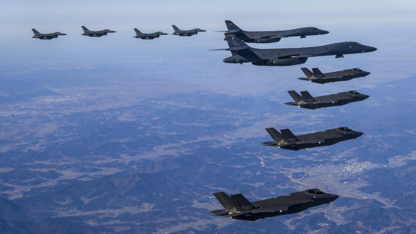 American F-16s and B-1B bombers fly alongside South Korean F-35As and F-15Ks. (Photo courtesy U.S. Forces Korea)