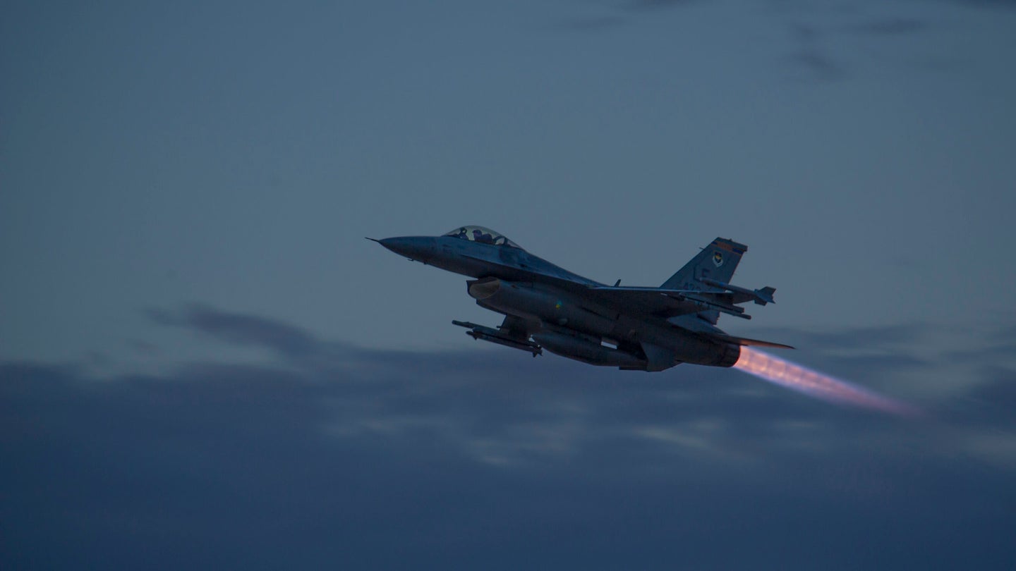 An F-16 Fighting Falcon takes off to participate in a night flying sortie at Holloman Air Force Base, N.M., Aug. 6, 2014.  (U.S. Air Force)