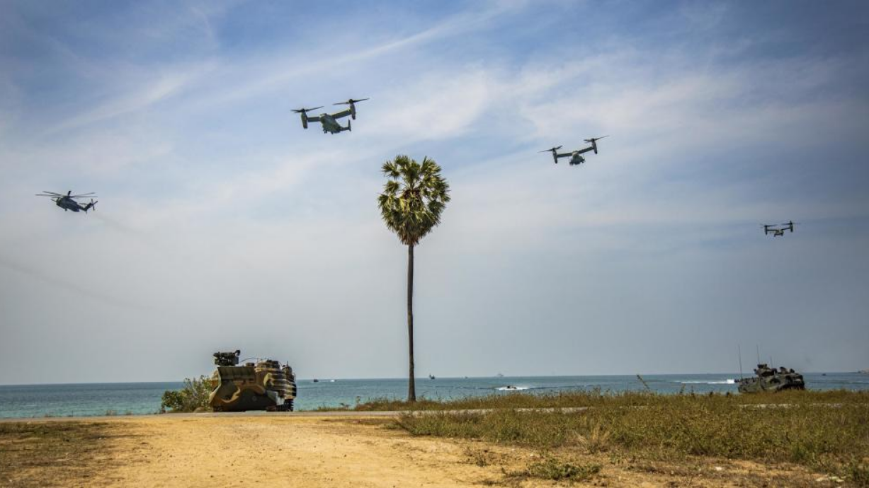 MV-22 Ospreys with the 13th Marine Expeditionary Unit carry out an assault on a beach in Thailand as part of Cobra Gold 23. (U.S. Marine Corps photo by Gunnery Sgt. Chad J. Pulliam