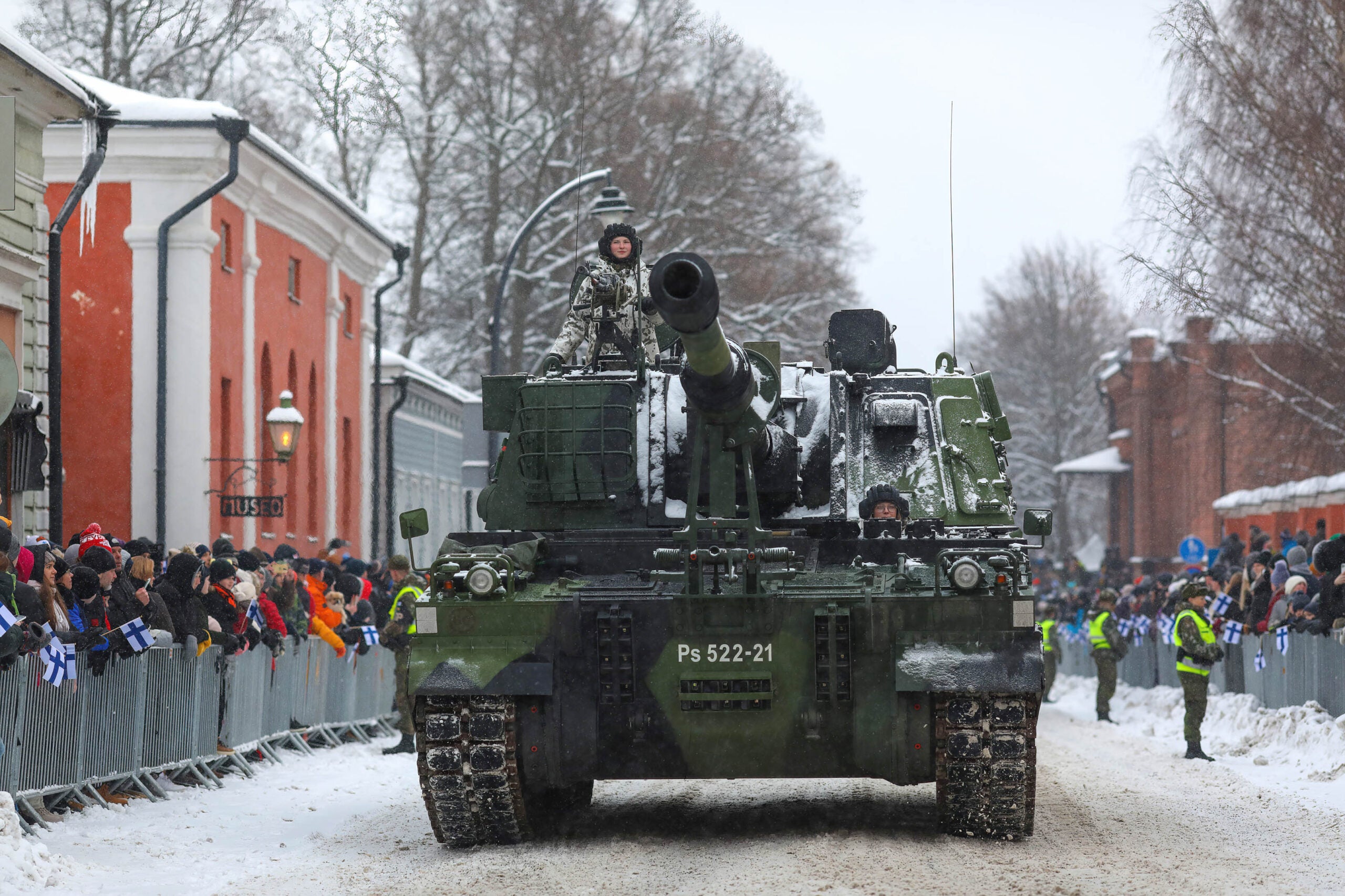 HAMINA, FINLAND - 2022/12/06: A Military vehicle of the armed forces of Finland moves along the street of the city during the event. The Finnish Defence Forces celebrated the 105th Independence Day of Finland with a national parade. The theme of the parade was Security will be done together. (Photo by Takimoto Marina/SOPA Images/LightRocket via Getty Images)