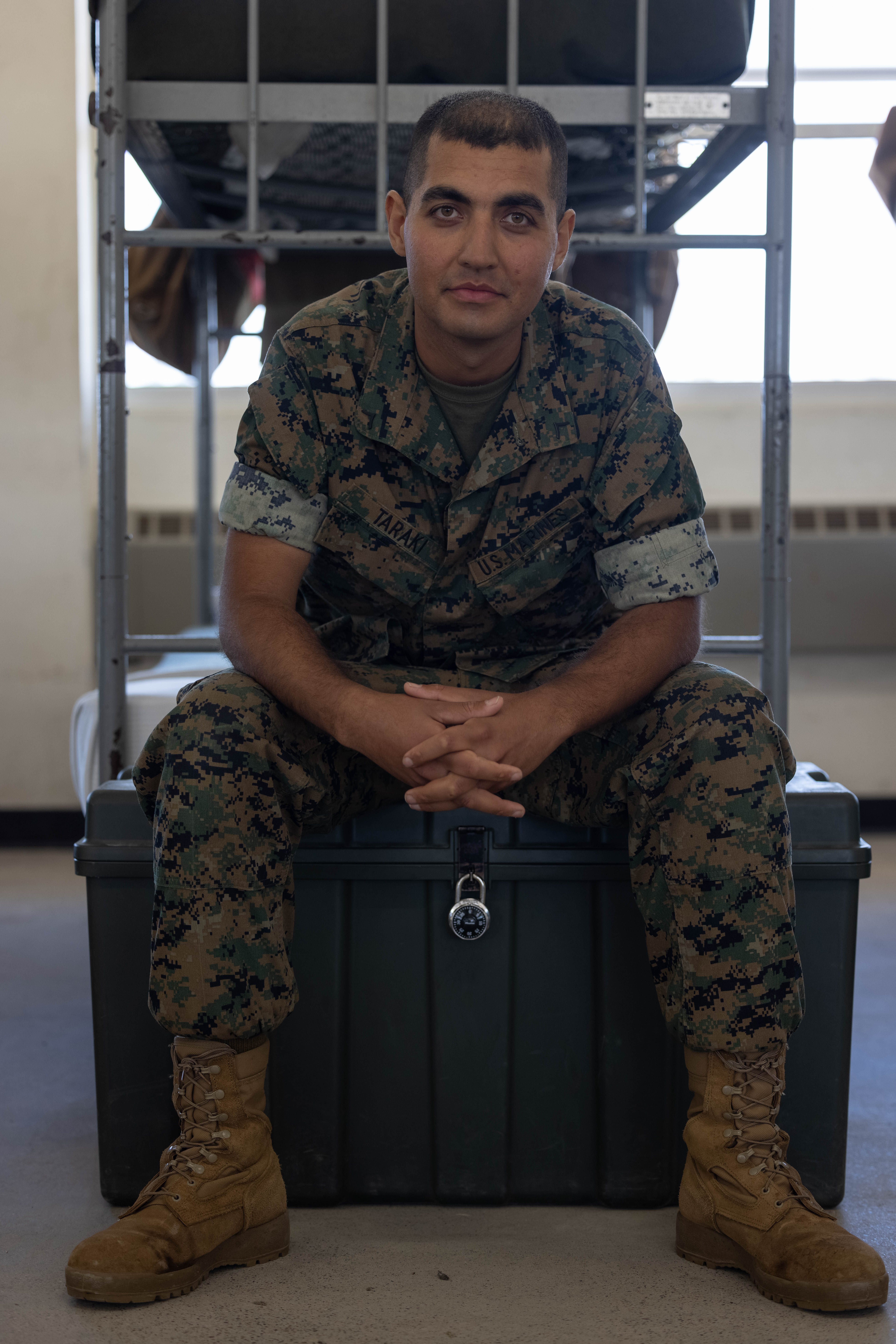 U.S. Marine Corps PFC Aimal Taraki poses for a photo at Marine Corps Recruit Depot San Diego, April 3, 2023. Taraki is a former translator who used to coordinate between U.S. and Afghan forces during the war in Afghanistan. Taraki emigrated to the U.S. in 2018 with the hopes of joining the Marine Corps.