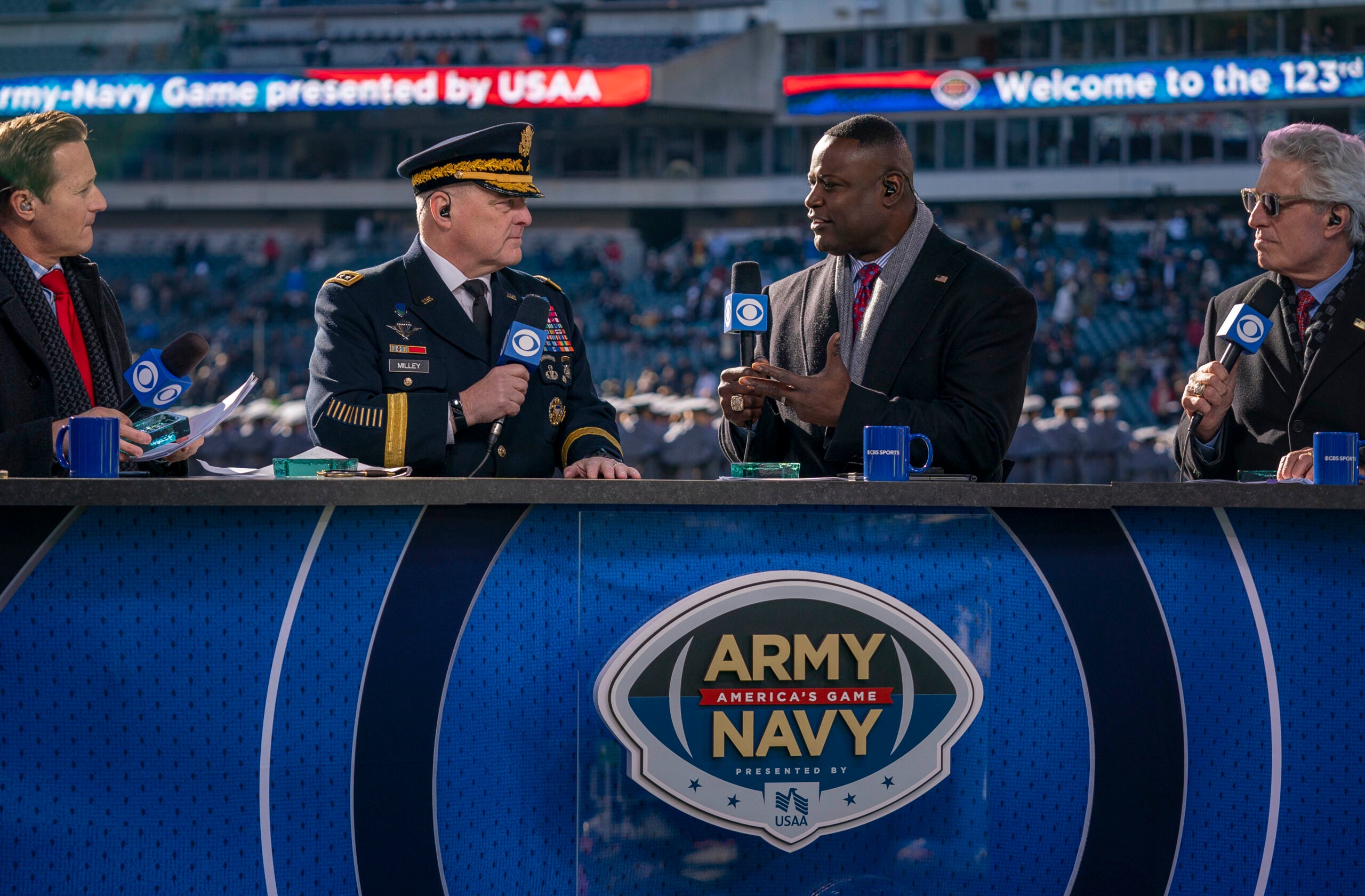 Army Gen. Mark A. Milley, chairman of the Joint Chiefs of Staff, and Senior Enlisted Advisor to the Chairman (SEAC) Ramon "CZ" Colon-Lopez attend the 123rd Army-Navy game in Philadelphia, Dec. 10, 2022. The Army beat the Navy Midshipmen 20-17 in overtime. (DOD Photo by Navy Chief Petty Officer Carlos M. Vazquez II)