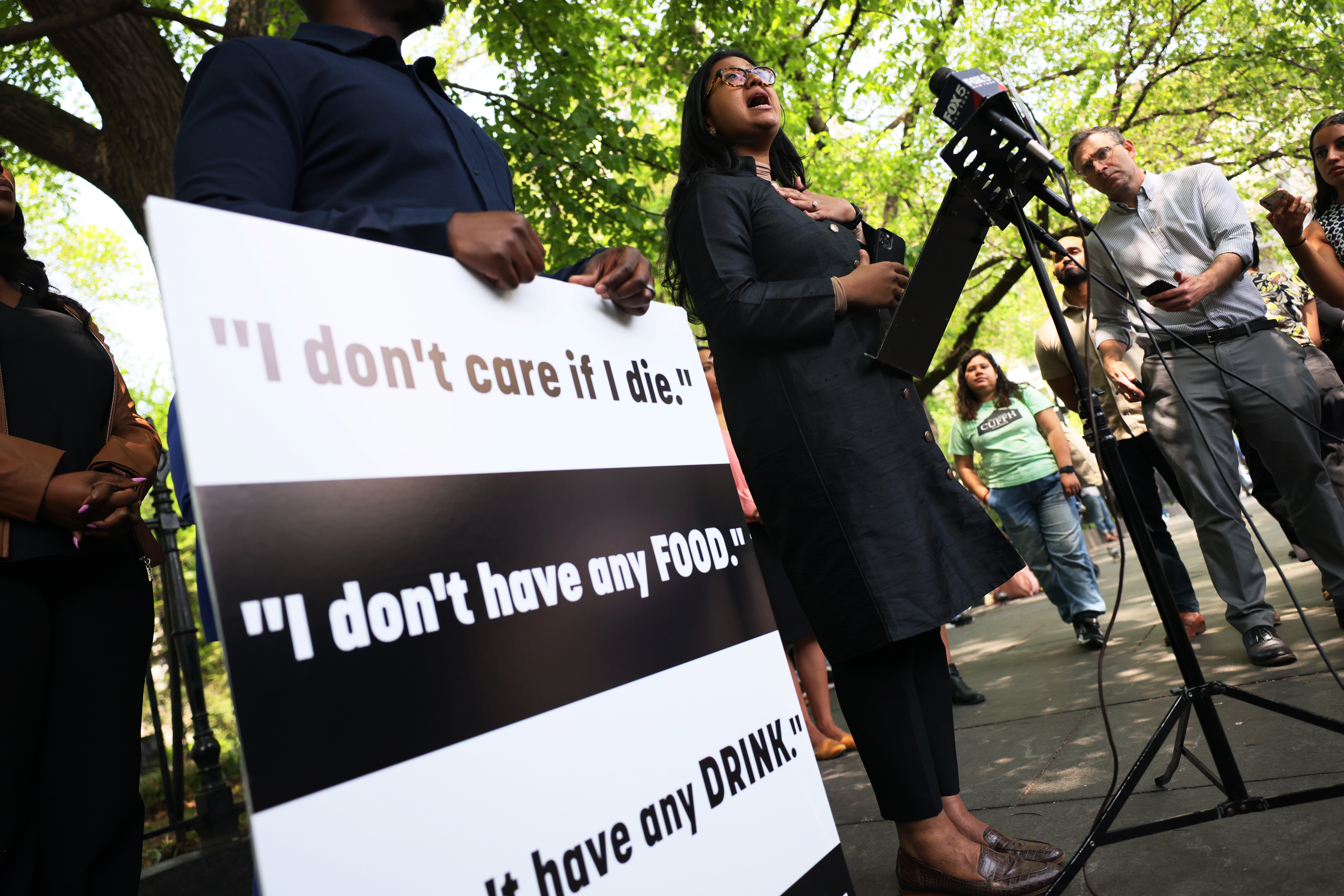 NEW YORK, NEW YORK - MAY 11: Councilmember Shahana Hanif speaks during a press conference at Park Row on May 11, 2023 in New York City. City Council members of the Black, Latino, and Asian Caucus were joined by advocates calling for charges to be brought against the man who killed Jordan Neely. Neely was killed ten days ago on the F train after being placed in a chokehold at the Broadway-Lafayette station by 24-year-old former Marine Daniel Penny. Witnesses reported that Neely had not physically attacked anyone before being placed in the chokehold. Penny was taken into custody by the NYPD for questioning and later released. Neely's death has been ruled a homicide by the medical examiner's office. (Photo by Michael M. Santiago/Getty Images)