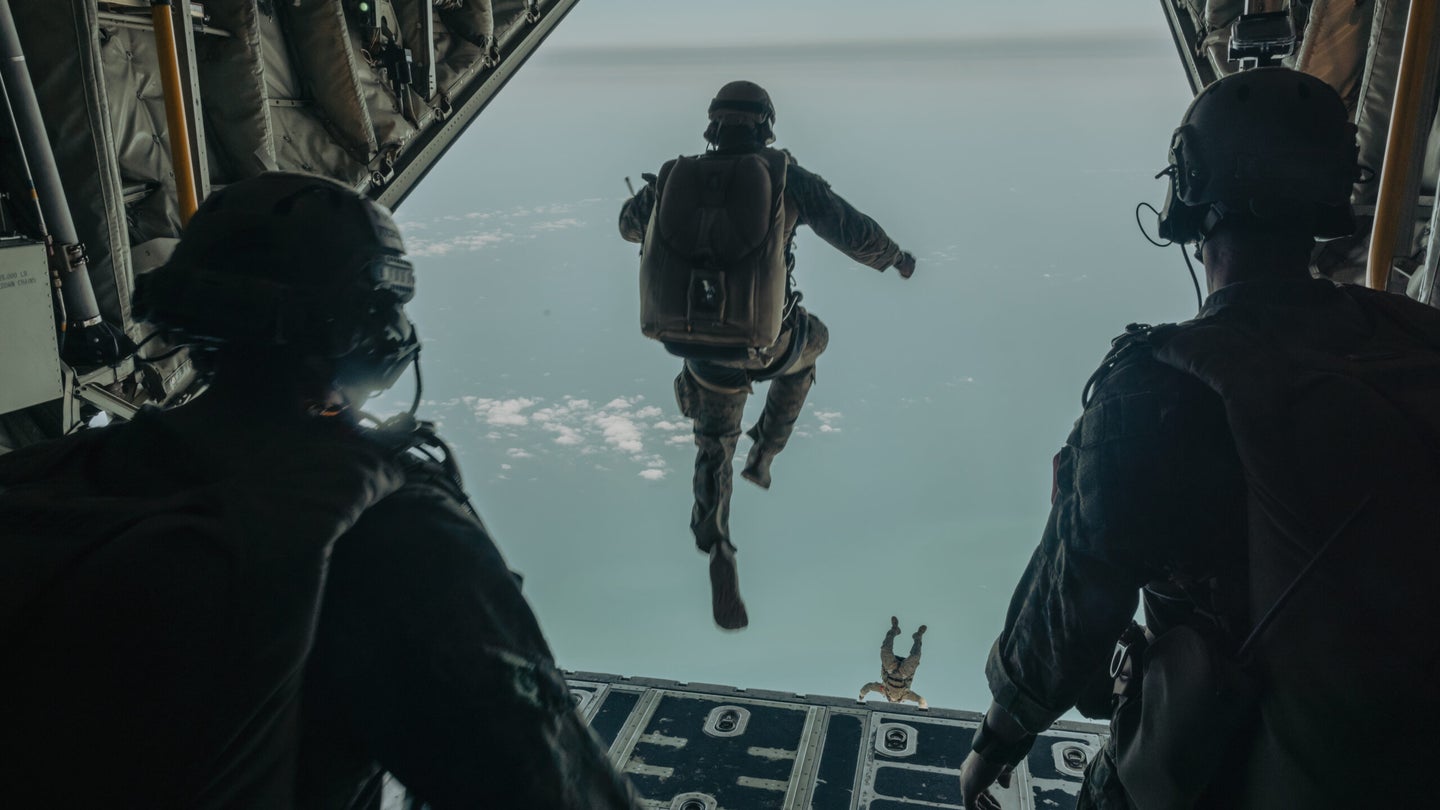 U.S. Marines with Task Force 61/2.5 (Force Reconnaissance Company), participate in a high-altitude parachute jump in Rota, Spain on June 22, 2023. Task Force 61/2.5 provides naval and joint force commanders with dedicated multi-domain reconnaissance and counter reconnaissance (RXR) capabilities. (U.S. Marine Corps photo by Lance Cpl. Emma Gray)