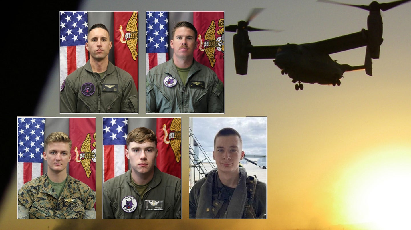 A command investigation released by the Marine Corps found that five Marines killed in June 2022 Osprey crash were not at fault in the accident. Top, Capt. John J. Sax, Capt. Nicholas P. Losapio; Bottom: Cpl. Nathan E. Carlson, Cpl. Seth D. Rasmuson, and Lance Cpl. Evan A. Strickland.