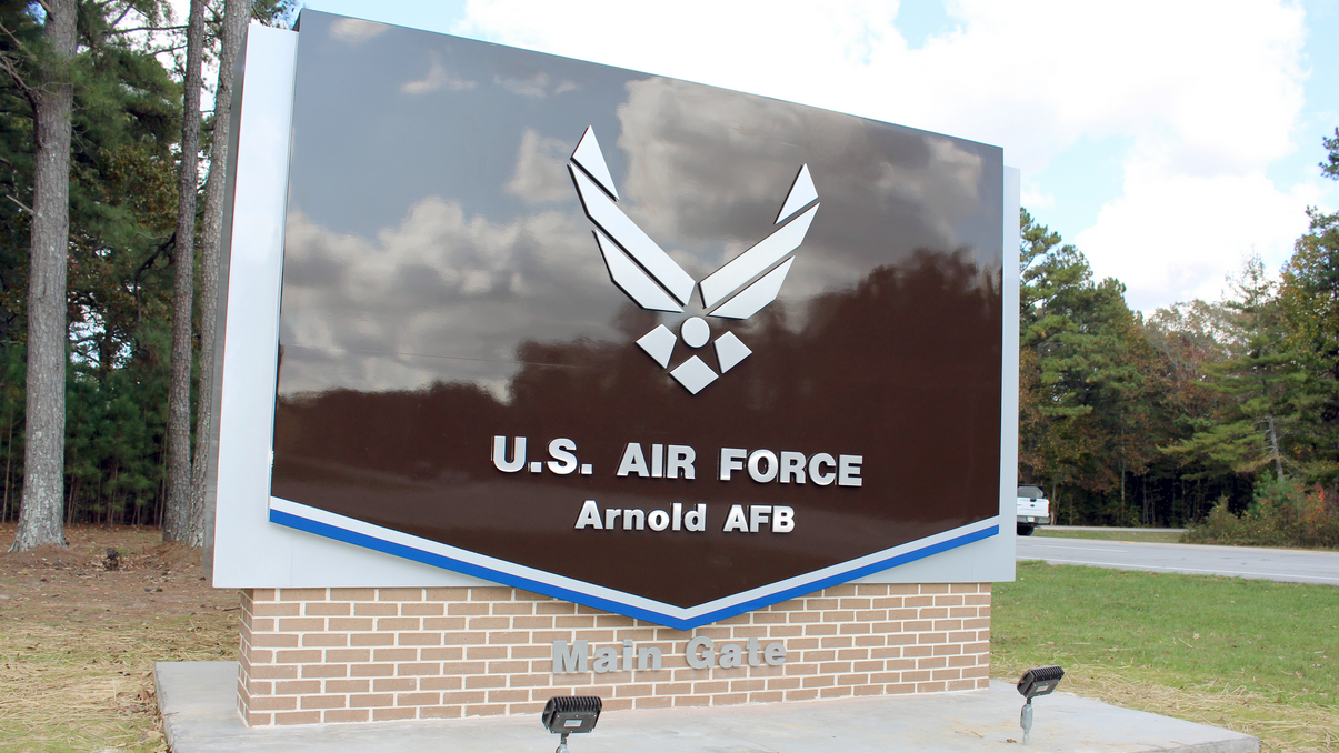 The main gate at Arnold Air Force Base. (Photo by Deidre Moon/U.S. Air Force)