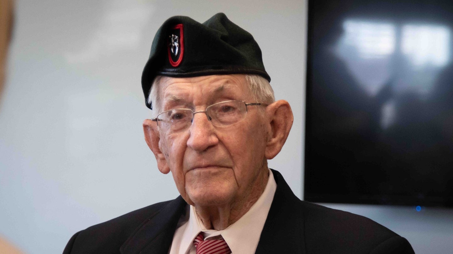 Ellsworth "Al" Johnson, 100, received the Special Forces tab and green beret on Sept. 1, 2023. (Photo courtesy U.S. Army Special Operations Command)