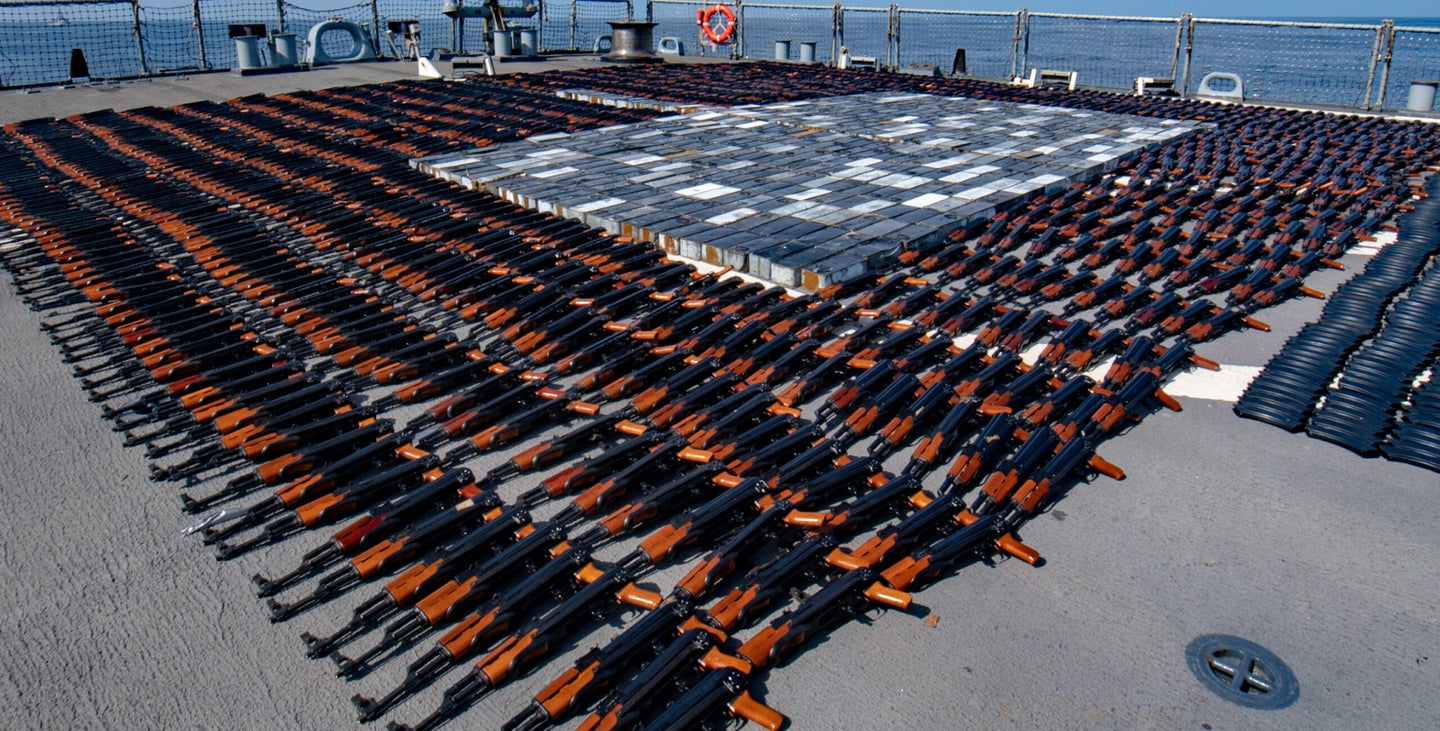 Seized rifles on a ship.