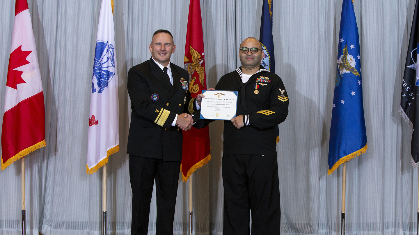 Information Systems Technician Second Class Thomas James, was awarded the Navy and Marine Corps Medal on Oct. 5, 2023. (Photo by Thomas Armstrong/Department of Defense)