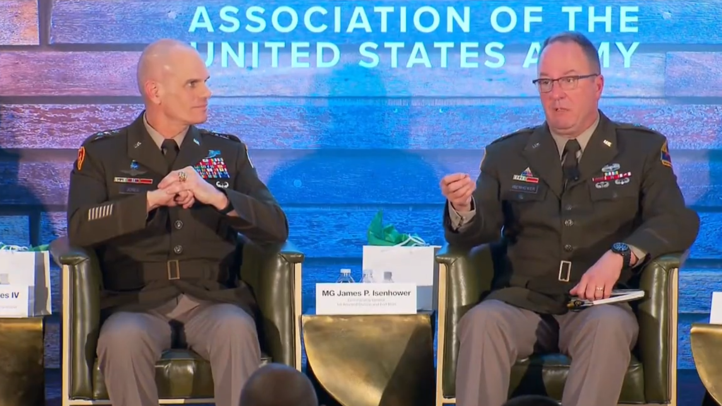 Lt. Gen. Omar J. Jones IV and Maj. Gen. James P. Isenhower III at the Association of the United States Army conference on Oct. 11, 2023. (Screenshot via U.S. Army video)