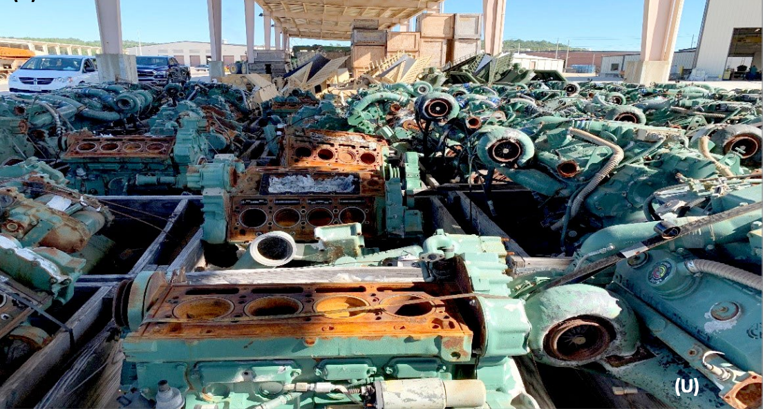Unserviceable diesel engines sitting outside, exposed to the environment. (Source: DOD IG)