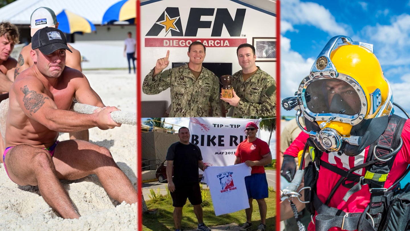 Tug of wars, AFN, earning the coveted biker race t-shirt, and diving are all options while stationed on Diego Garcia.