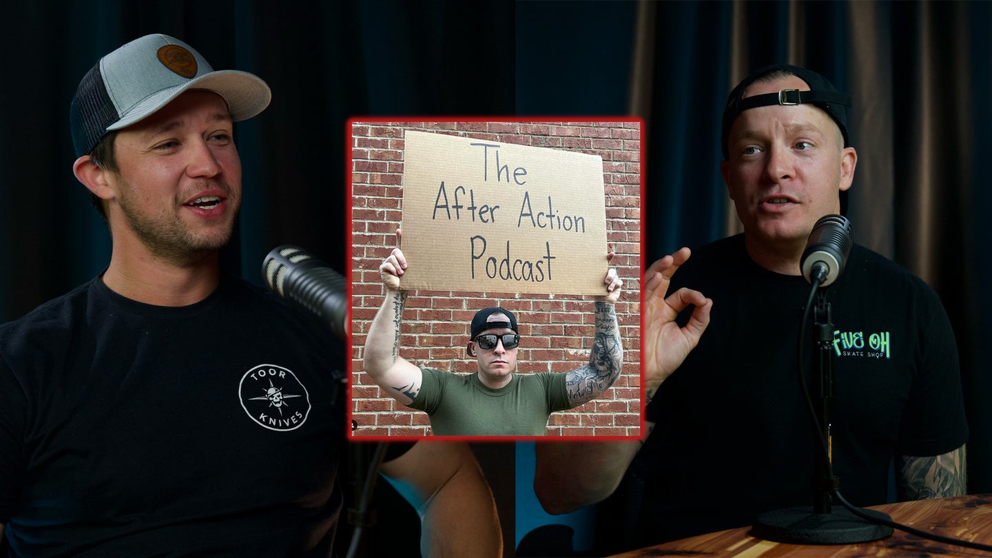Metro Nashville police officer Michael Collazo Veteran with a Sign Zachary Bell during the first podcast episode of the After Action Podcast.